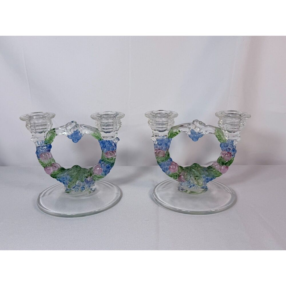 Vtg Colored Glass Garland of Grapes Double Candlesticks Set of 2 Indiana Glass